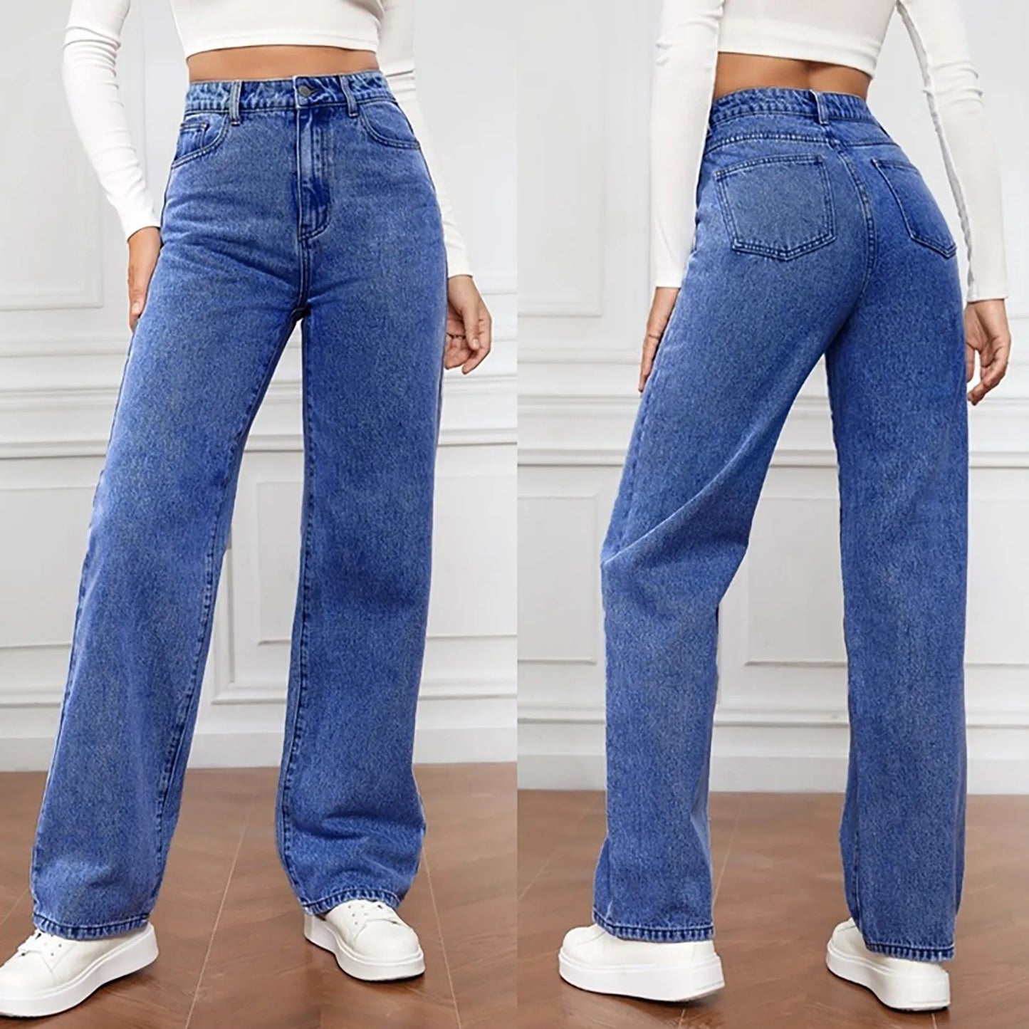 Women Blue Button High Waist Loose Jeans