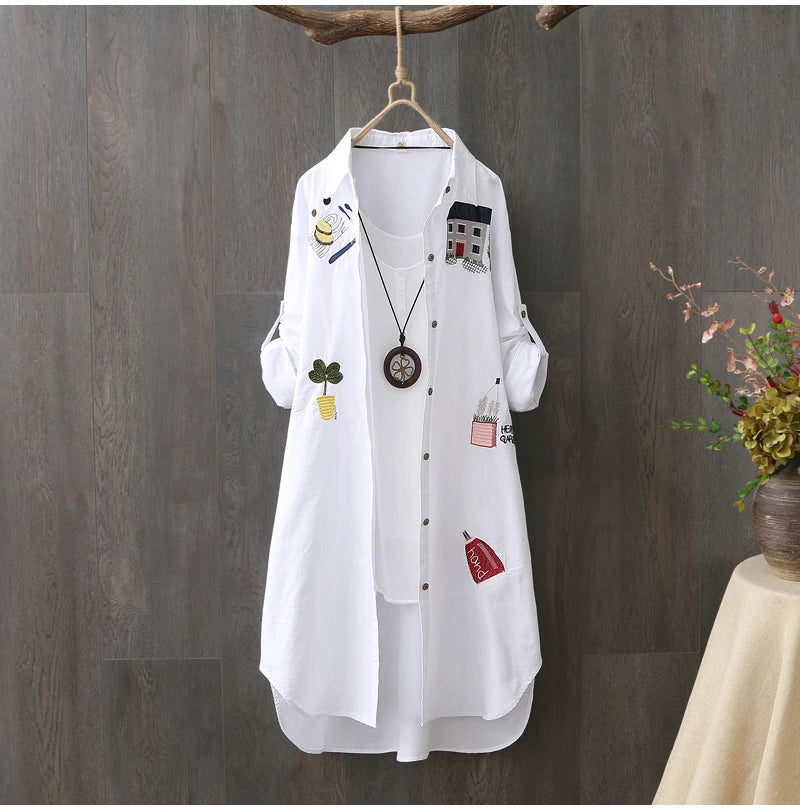 Cotton Embroidery Loose Long White Shirts