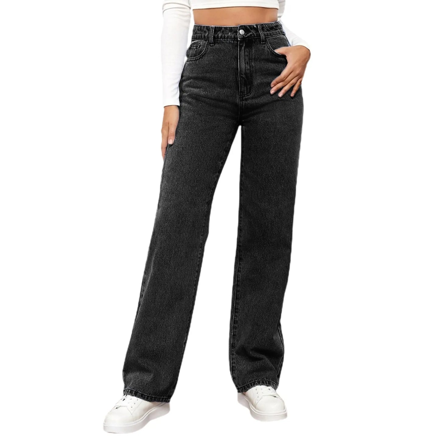 Women Blue Button High Waist Loose Jeans