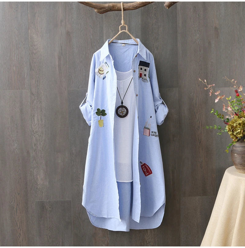 Cotton Embroidery Loose Long White Shirts