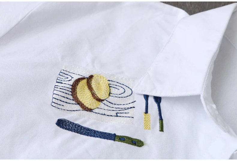 Cotton Embroidery Loose Long White Shirts