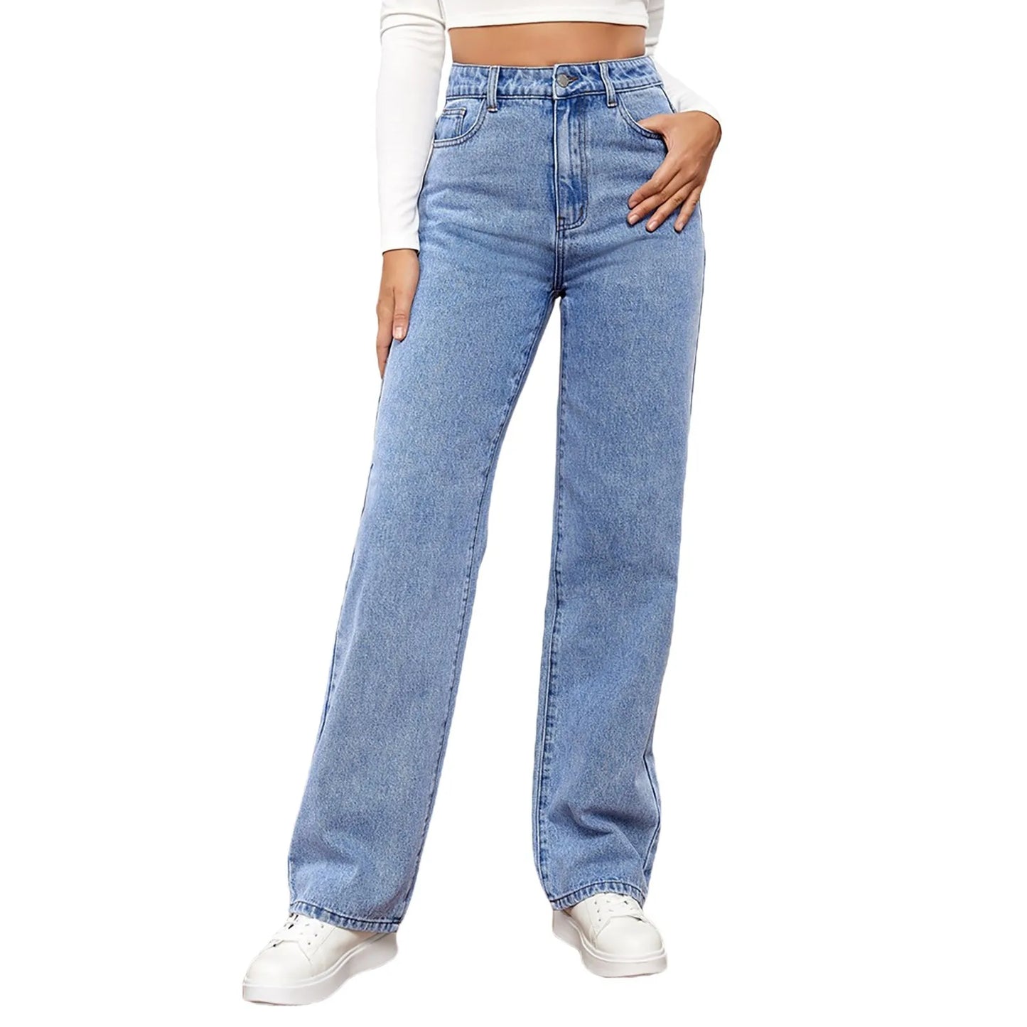 Women Blue Button High Waist Loose Jeans