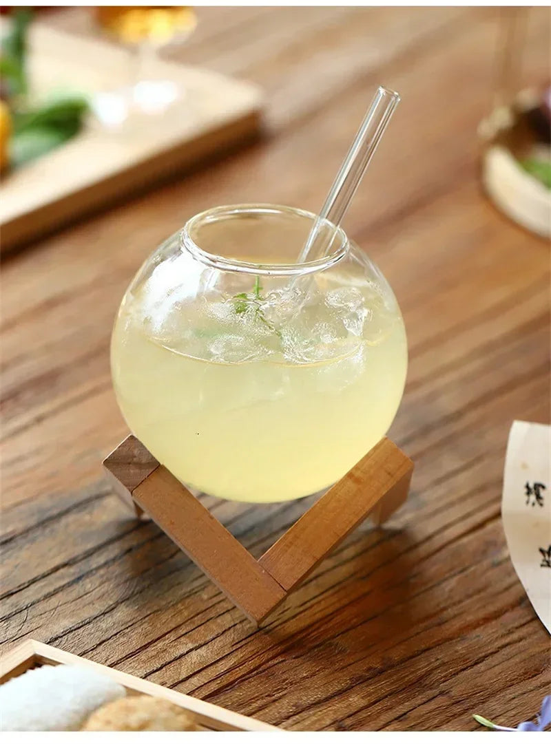 Round Ball Glass Cup with Wood Stand