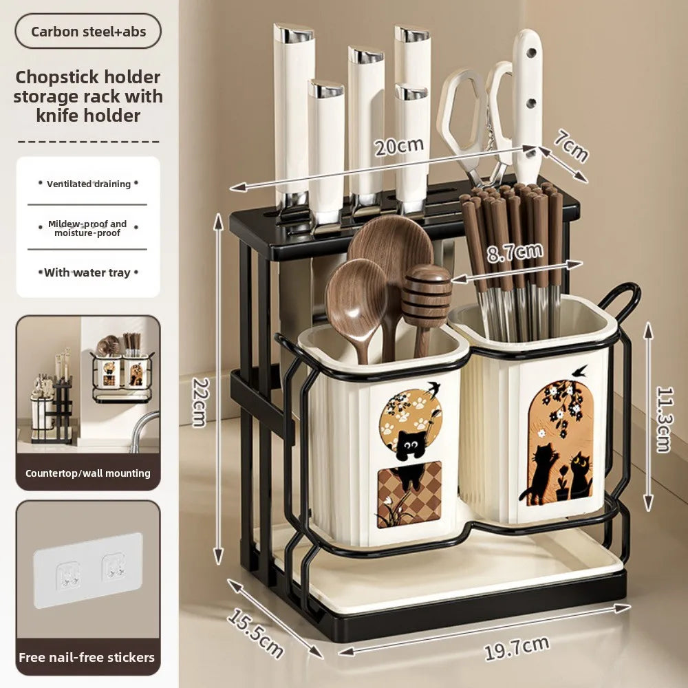 Multi-Function Kitchen Rack – Knife & Chopstick Storage with Drainage for Countertops