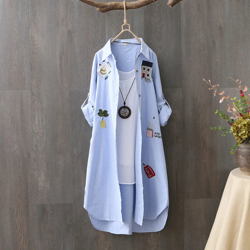 Cotton Embroidery Loose Long White Shirts