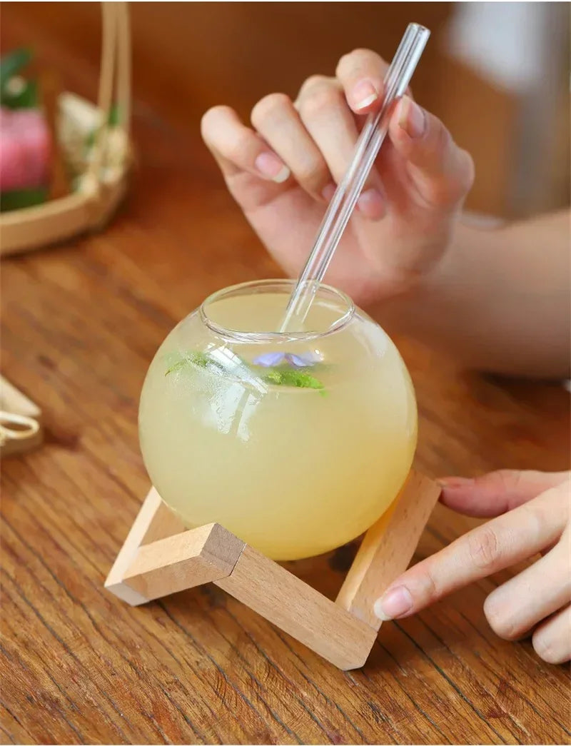 Round Ball Glass Cup with Wood Stand