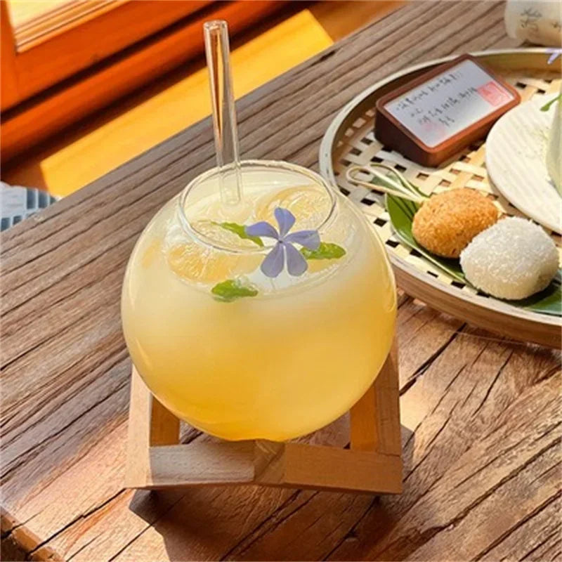 Round Ball Glass Cup with Wood Stand