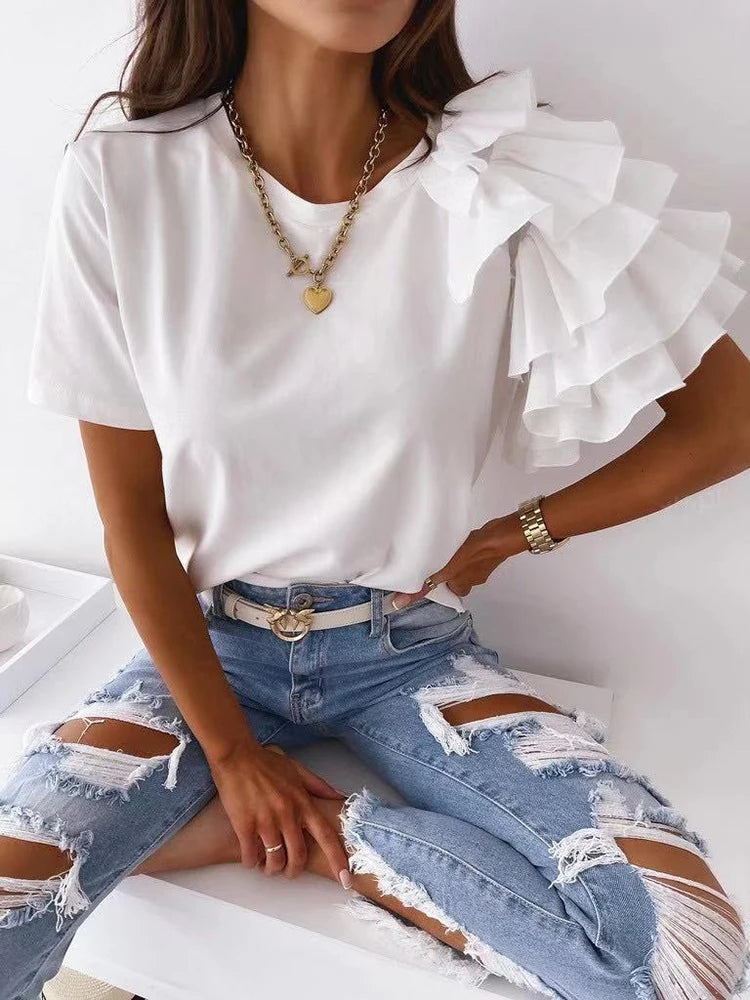 Elegant Mesh Ruffles Short Sleeve Loose T Shirt
