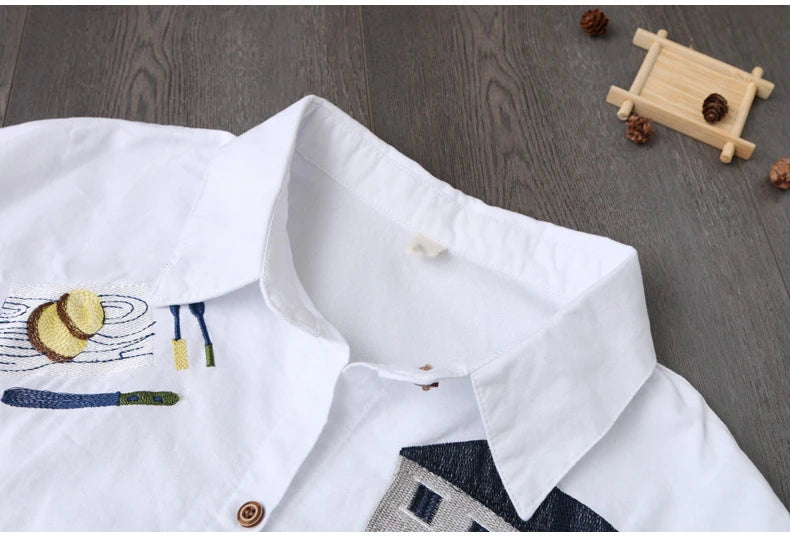 Cotton Embroidery Loose Long White Shirts