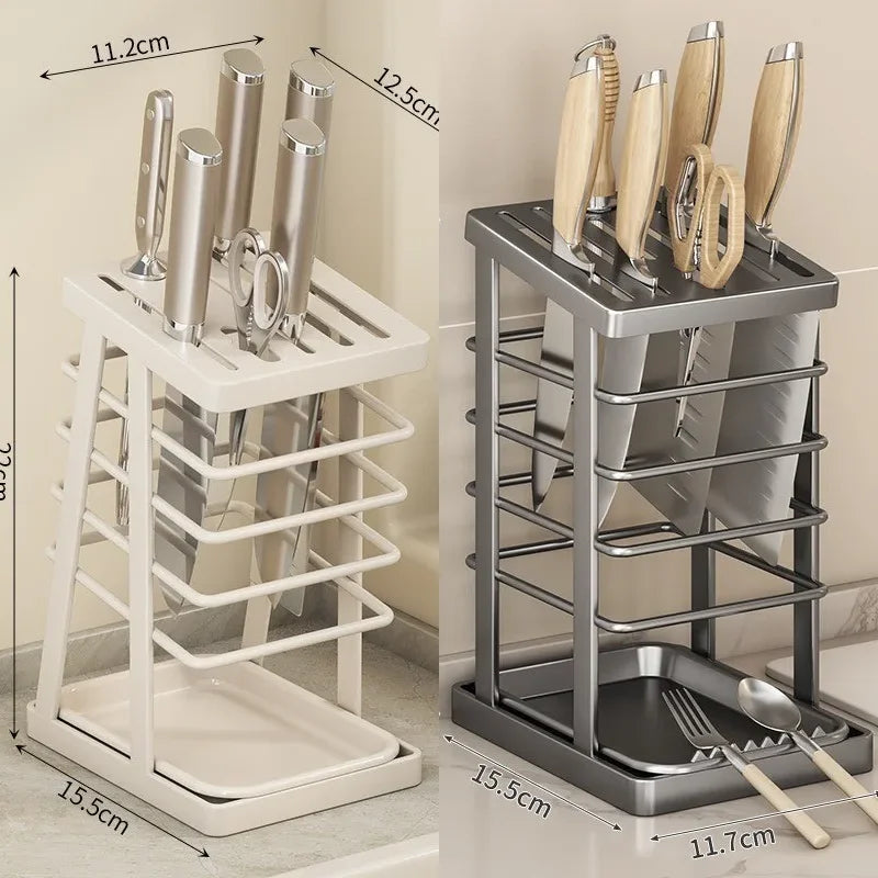 Kitchen Knife Holder – Countertop Storage Rack with Drain Tray & Multi-Function Organizer
