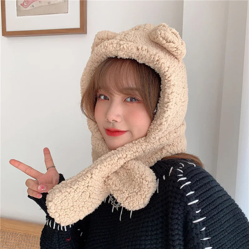 Cartoon Bear Ear Lamb Beanie Hat With Mask