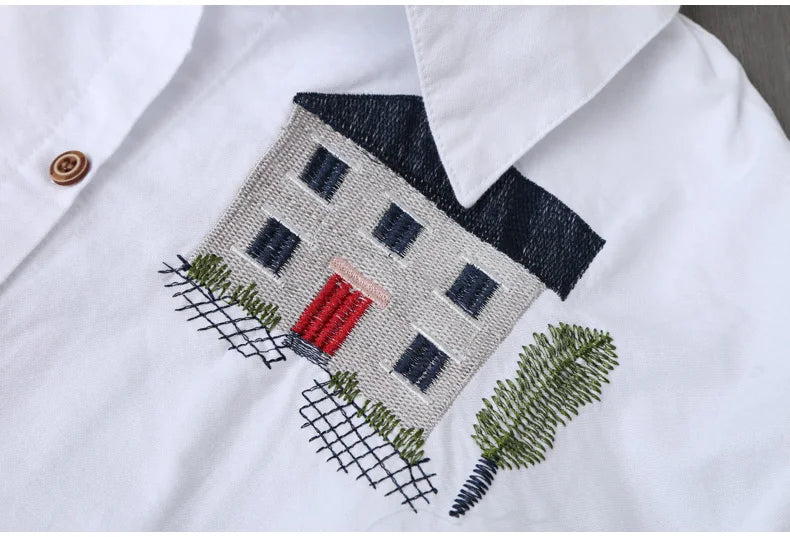 Cotton Embroidery Loose Long White Shirts