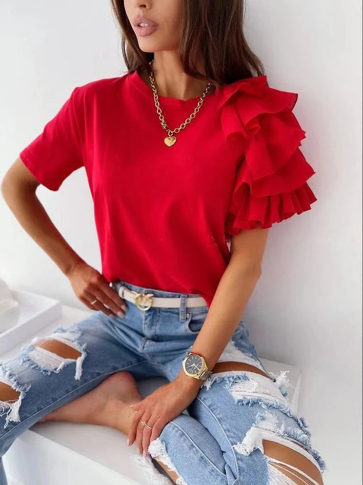 Elegant Mesh Ruffles Short Sleeve Loose T Shirt