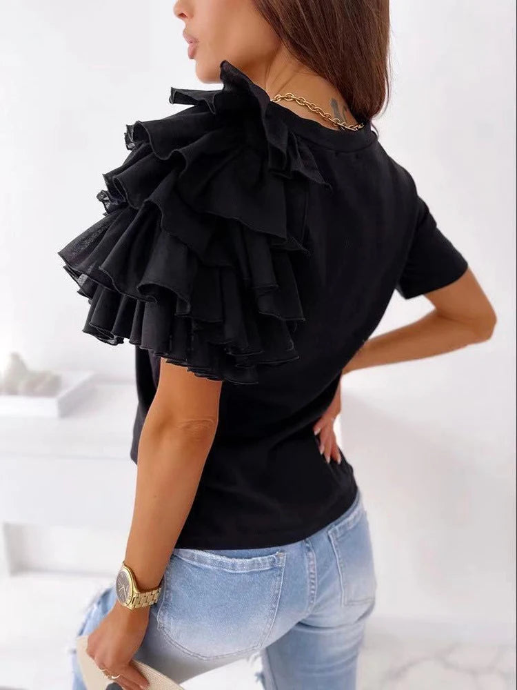 Elegant Mesh Ruffles Short Sleeve Loose T Shirt