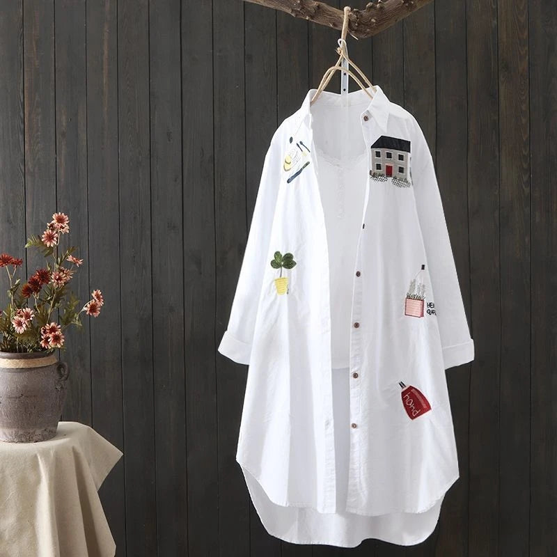 Cotton Embroidery Loose Long White Shirts