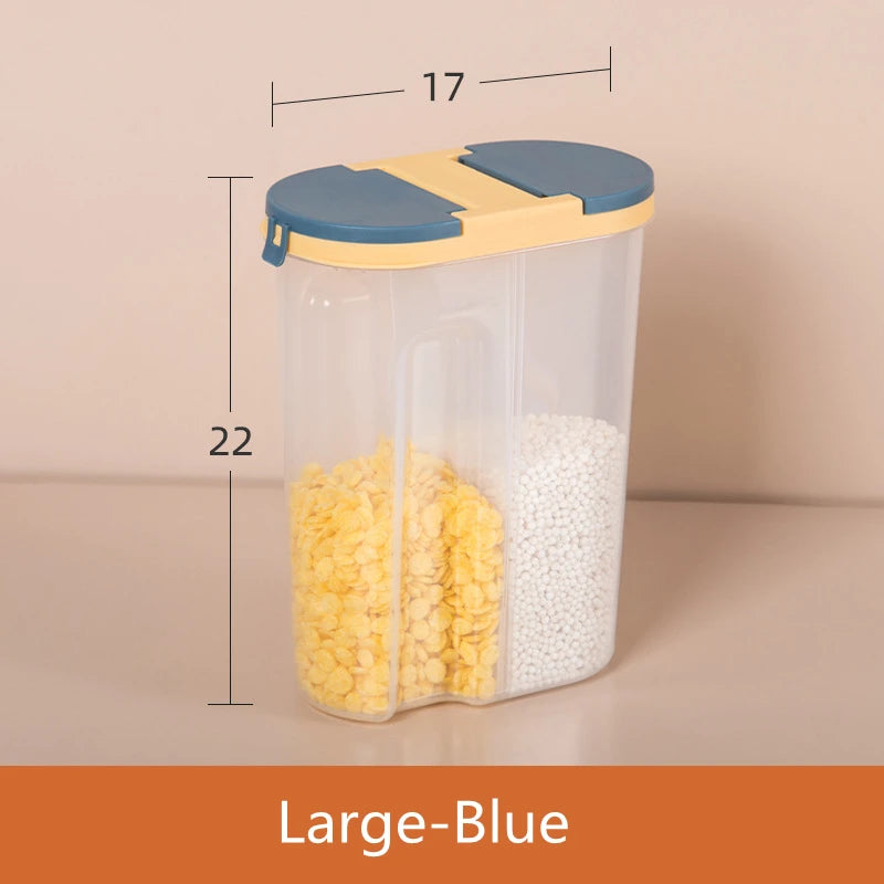 Double-Grid Cereal Storage Jar – Plastic Food Container with Lids for Grains & Cookies