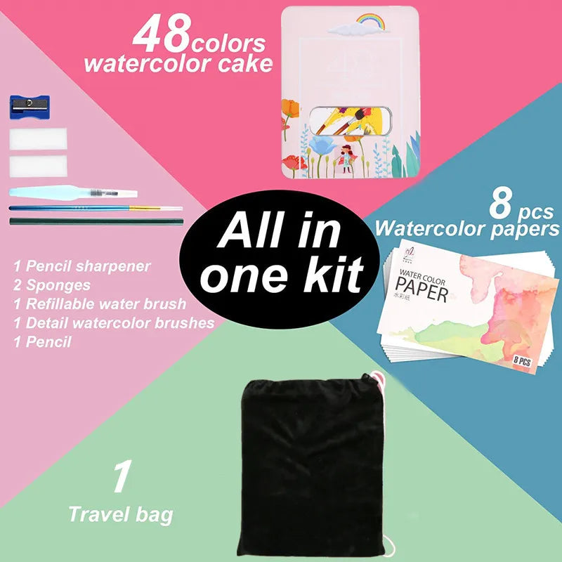 Watercolor Set with 48 colors and Brush & Paper Supplies