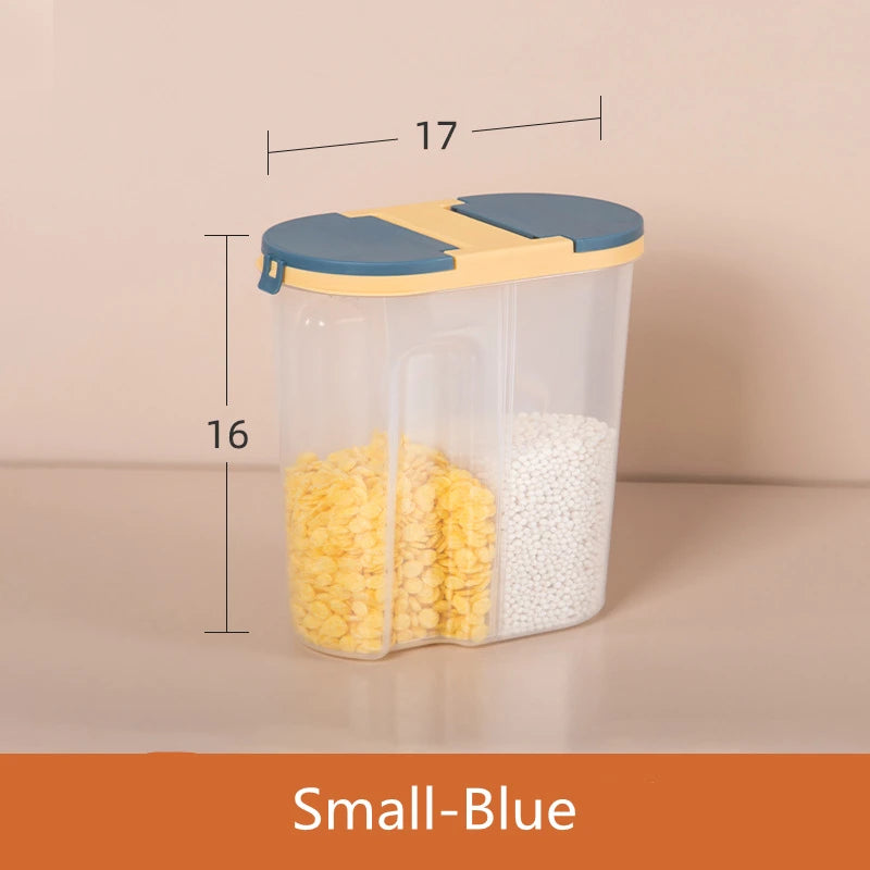 Double-Grid Cereal Storage Jar – Plastic Food Container with Lids for Grains & Cookies