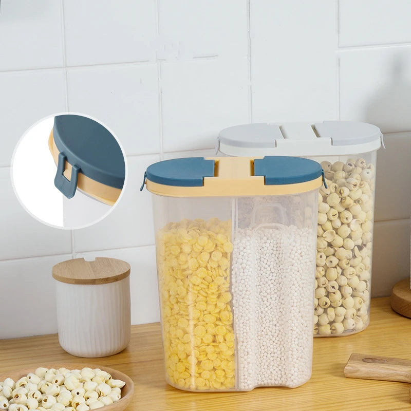 Double-Grid Cereal Storage Jar – Plastic Food Container with Lids for Grains & Cookies