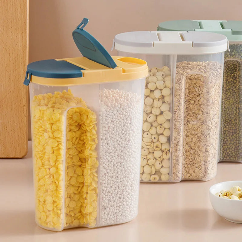 Double-Grid Cereal Storage Jar – Plastic Food Container with Lids for Grains & Cookies