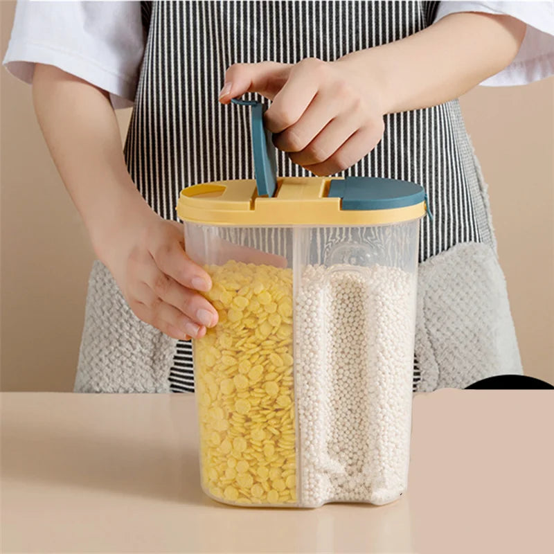 Double-Grid Cereal Storage Jar – Plastic Food Container with Lids for Grains & Cookies