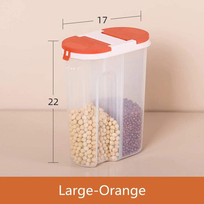 Double-Grid Cereal Storage Jar – Plastic Food Container with Lids for Grains & Cookies