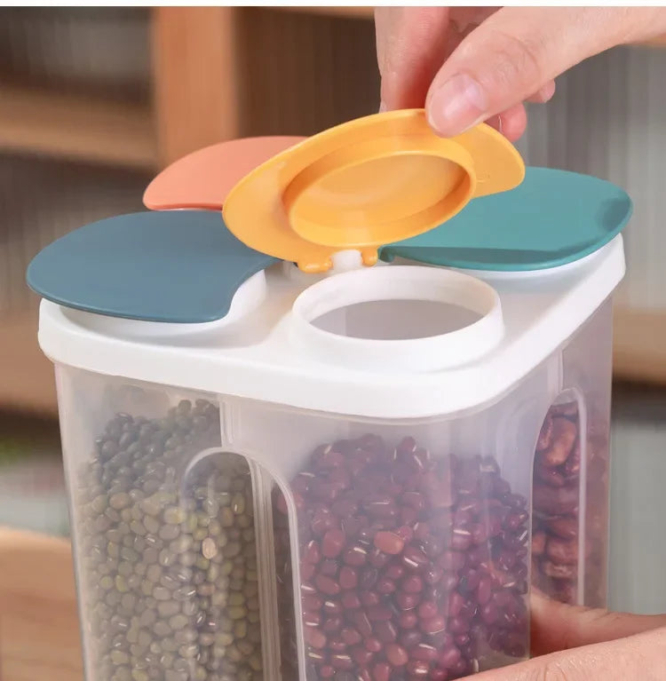 4-Grid Cereal Storage Box – Plastic Sealed Food Container & Grain Tank with Moisture-Proof Lid