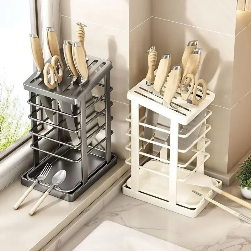 Kitchen Knife Holder – Countertop Storage Rack with Drain Tray & Multi-Function Organizer