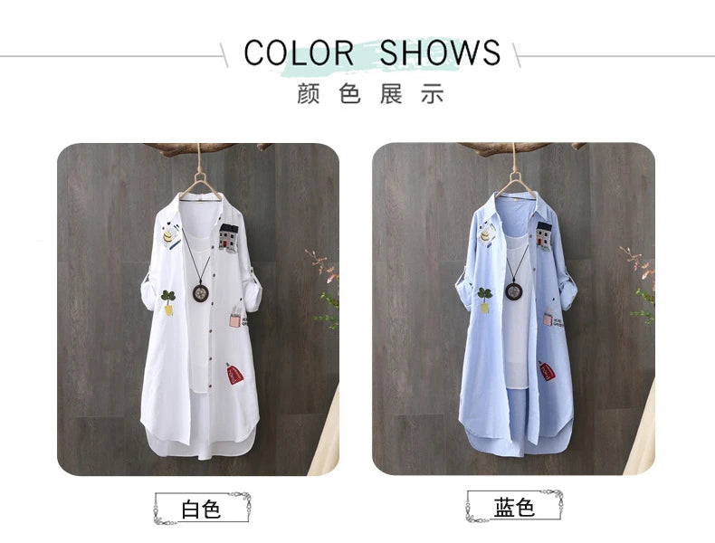 Cotton Embroidery Loose Long White Shirts