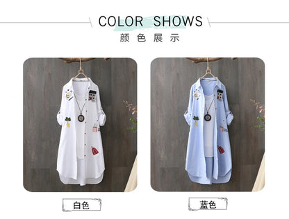 Cotton Embroidery Loose Long White Shirts