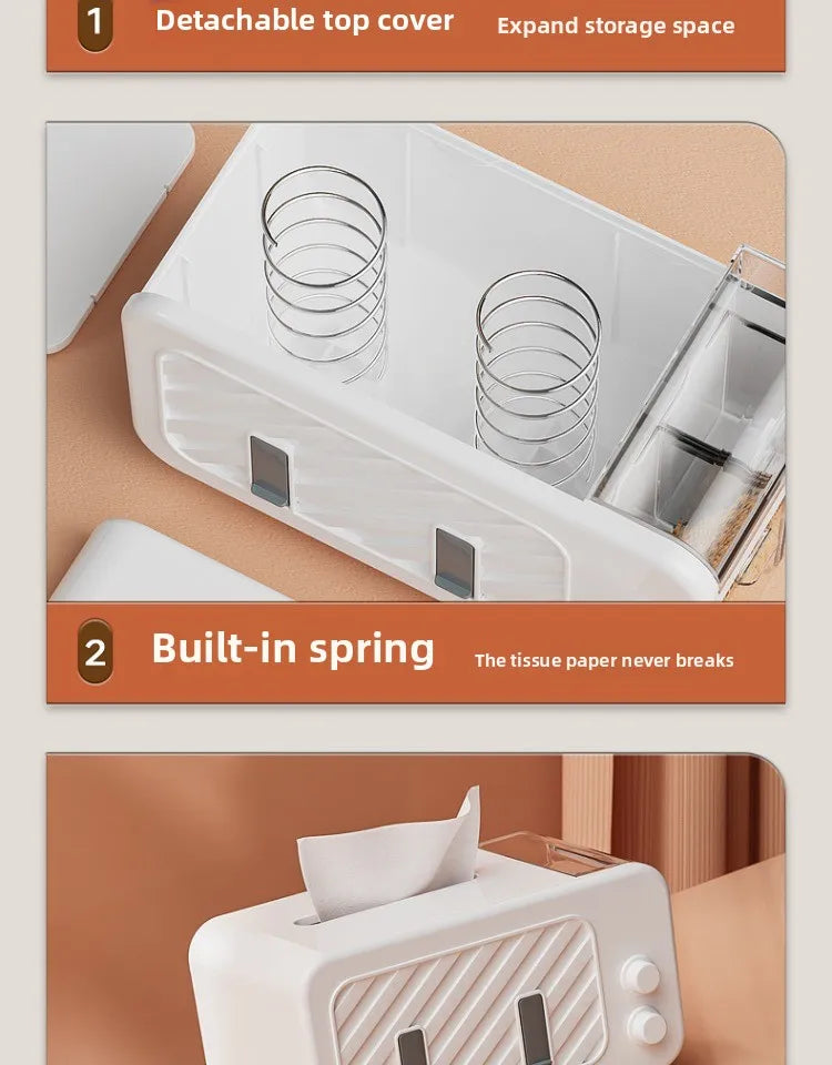 Multifunctional Tissue Box – Phone Holder with Side Storage & Drawer for Home/Office