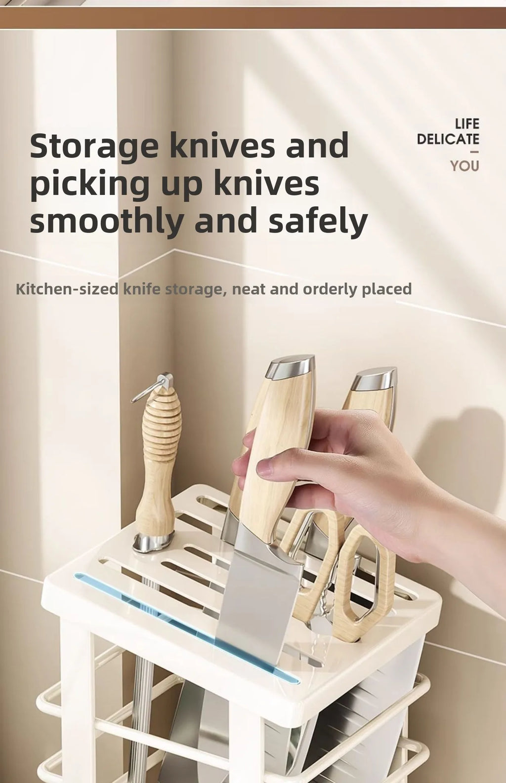 Kitchen Knife Holder – Countertop Storage Rack with Drain Tray & Multi-Function Organizer