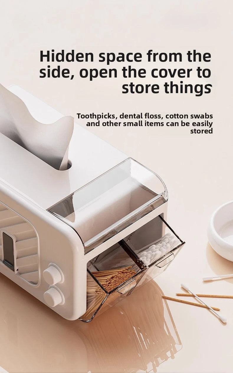 Multifunctional Tissue Box – Phone Holder with Side Storage & Drawer for Home/Office