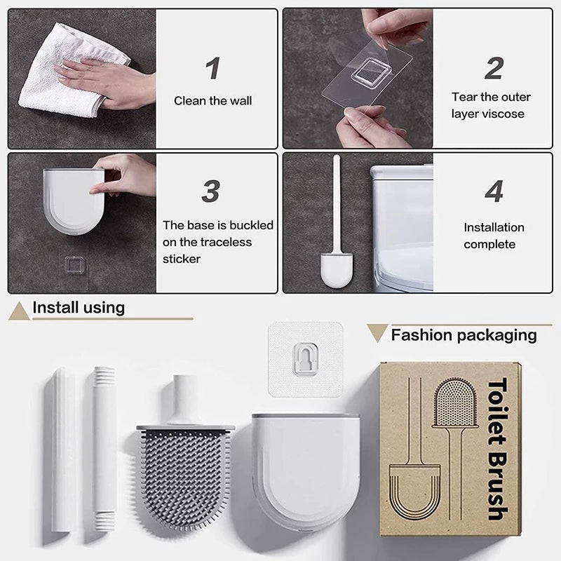 Clean Ease Wall-Mounted Toilet Brush – Long Handle Silicone Soft Bristles