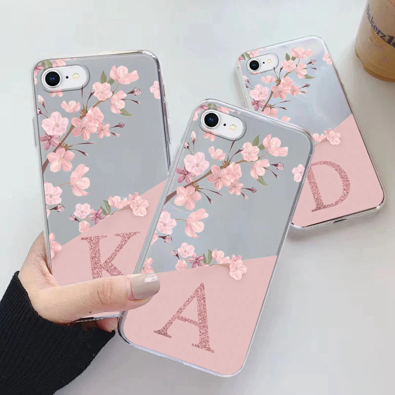 Clear Floral Letter Case – Soft Silicone Transparent Cover for iPhone 7/8/SE