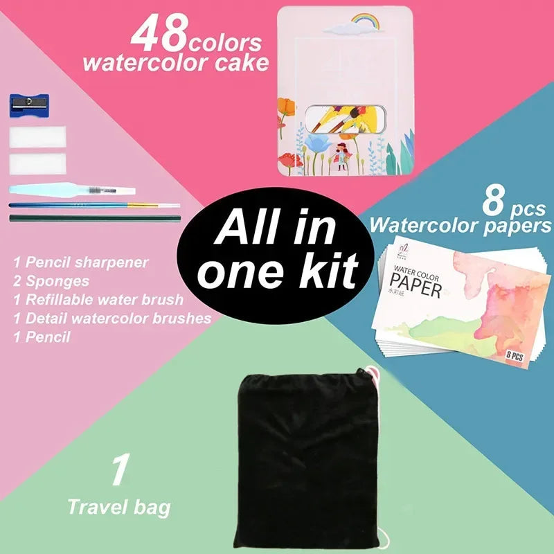 Watercolor Set with 48 colors and Brush & Paper Supplies