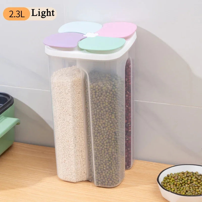 4-Grid Cereal Storage Box – Plastic Sealed Food Container & Grain Tank with Moisture-Proof Lid