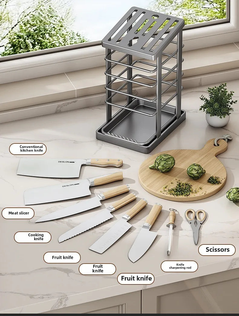 Kitchen Knife Holder – Countertop Storage Rack with Drain Tray & Multi-Function Organizer