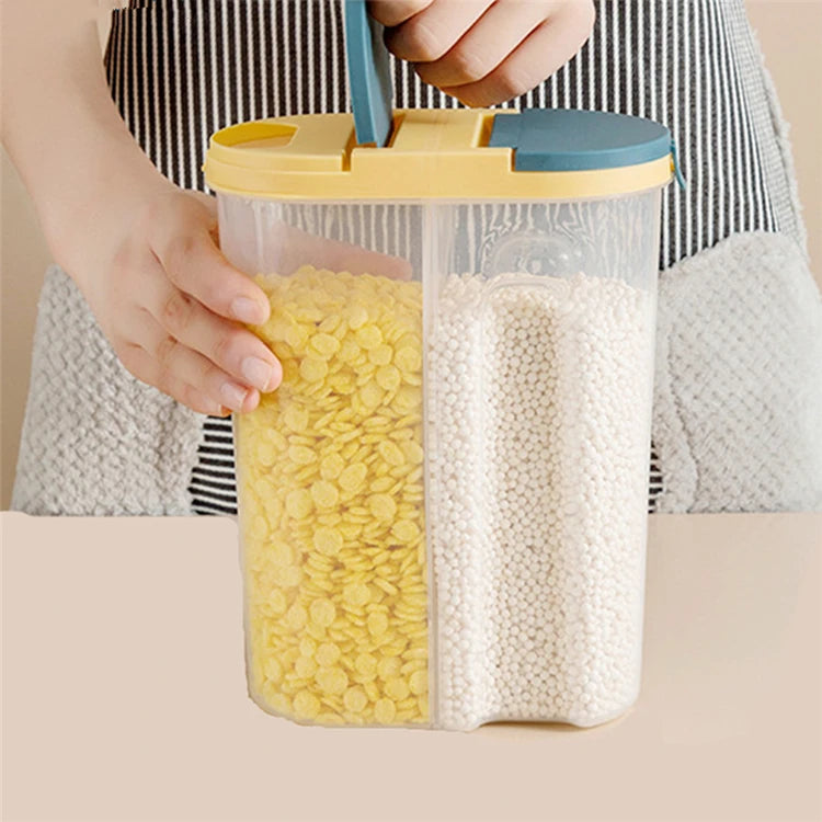 Double-Grid Cereal Storage Jar – Plastic Food Container with Lids for Grains & Cookies