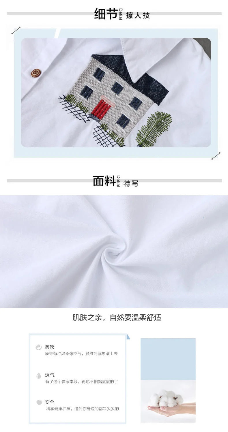 Cotton Embroidery Loose Long White Shirts
