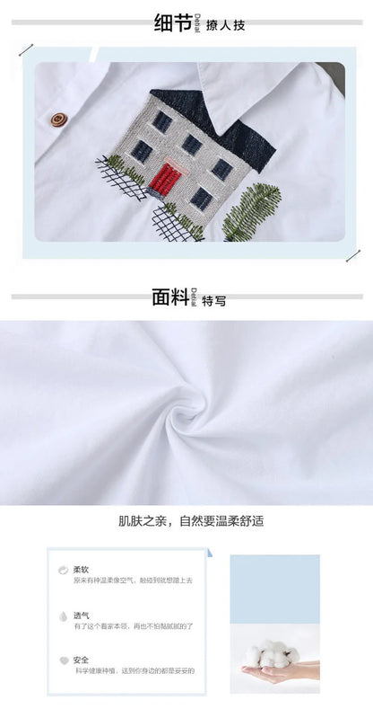 Cotton Embroidery Loose Long White Shirts