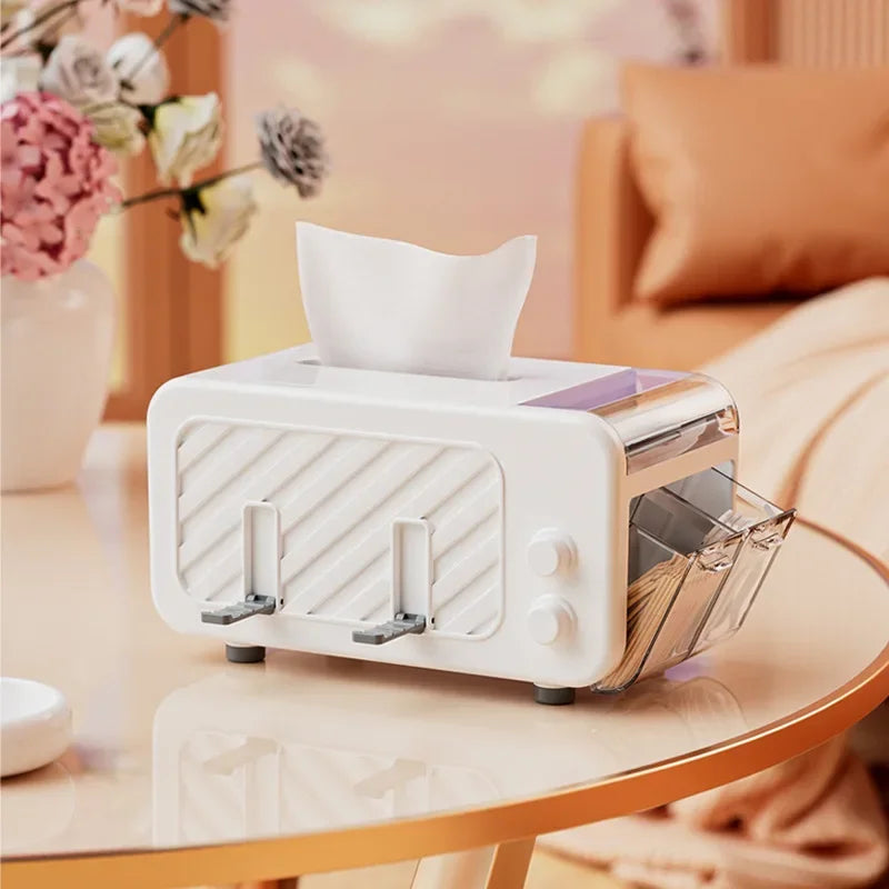 Multifunctional Tissue Box – Phone Holder with Side Storage & Drawer for Home/Office
