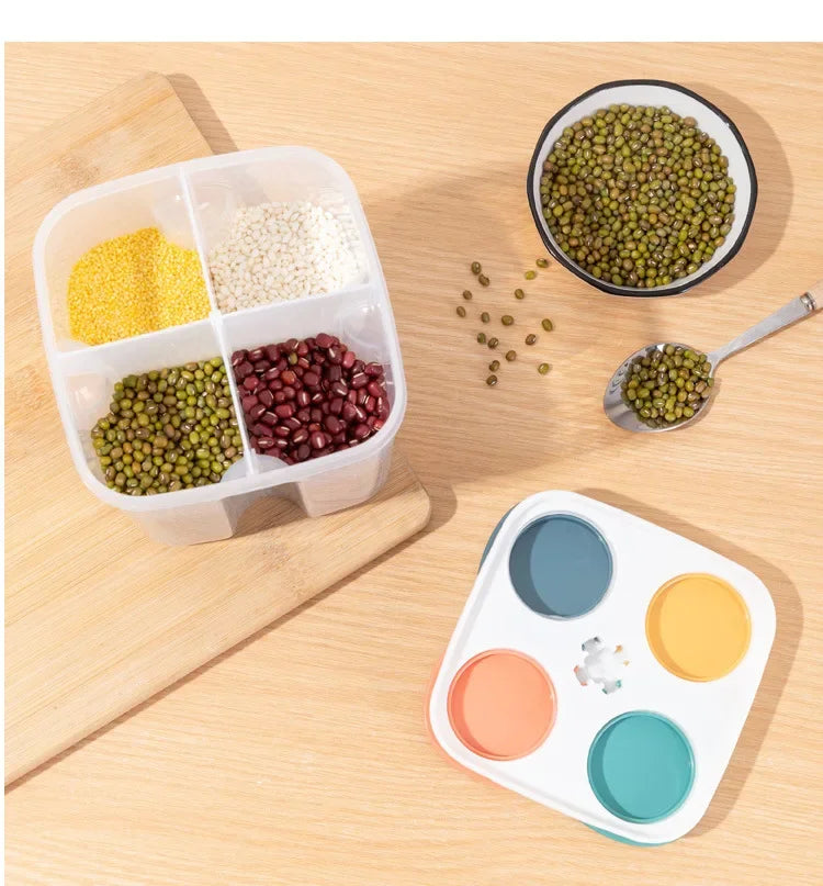 4-Grid Cereal Storage Box – Plastic Sealed Food Container & Grain Tank with Moisture-Proof Lid