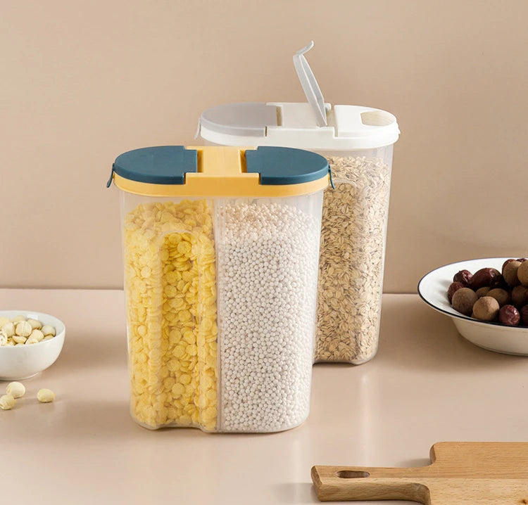 Double-Grid Cereal Storage Jar – Plastic Food Container with Lids for Grains & Cookies