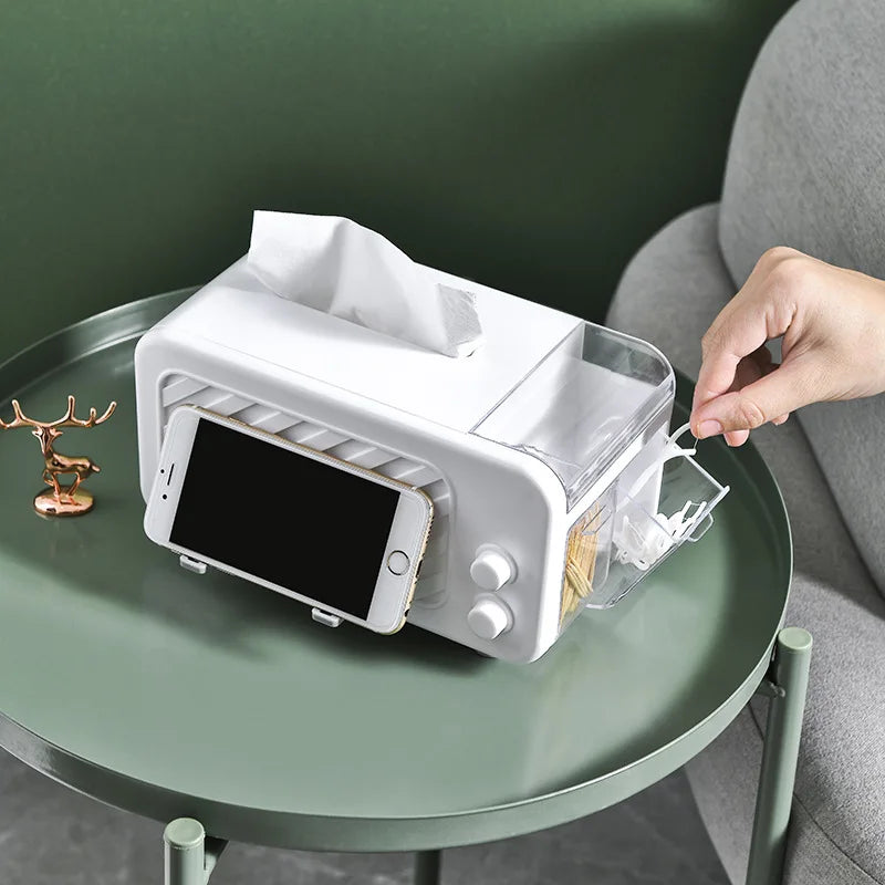 Multifunctional Tissue Box – Phone Holder with Side Storage & Drawer for Home/Office