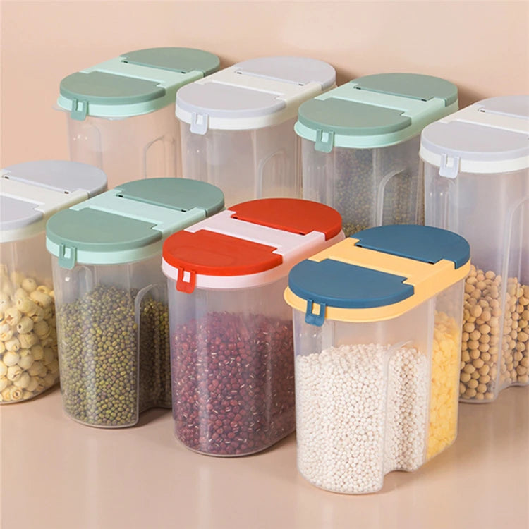 Double-Grid Cereal Storage Jar – Plastic Food Container with Lids for Grains & Cookies