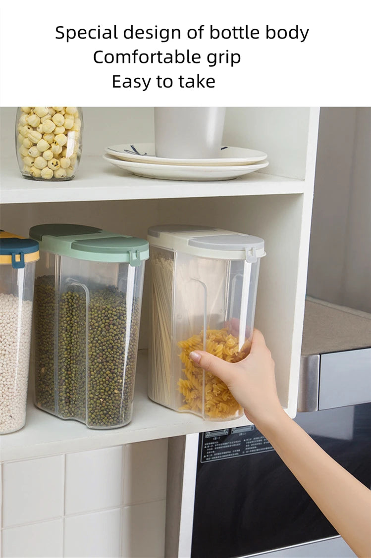 Double-Grid Cereal Storage Jar – Plastic Food Container with Lids for Grains & Cookies