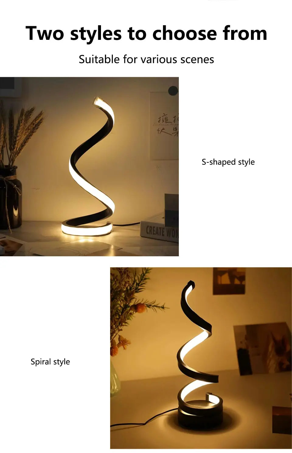 Modern Spiral LED Night Lamp – 3-Color Mood Light for Bedroom & Office