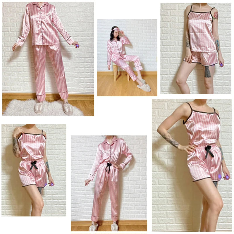 Satin Faux Silk Striped Nightwear Pajama