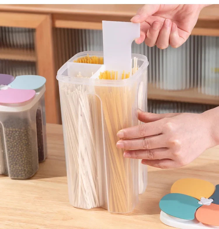 4-Grid Cereal Storage Box – Plastic Sealed Food Container & Grain Tank with Moisture-Proof Lid